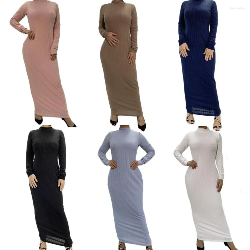 Ethnic Clothing Abaya Women Muslim Long Dress Solid Color Elastic Cotton Maxi Robe Casual Slim Stretch Sleeve Gown Middle East Ramadan