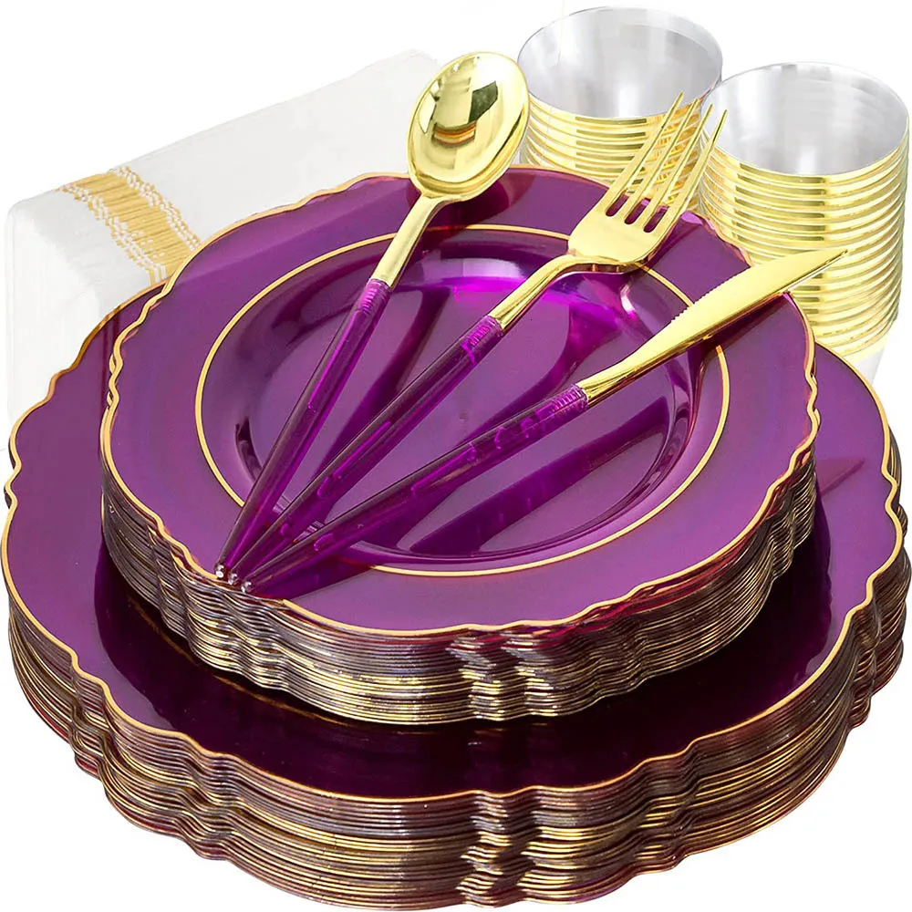 Disposable Take Out Containers Party Tableware Transparent Purple Plastic Plate With Cup Napkin Combo Set Wedding God Day Supplies 230620