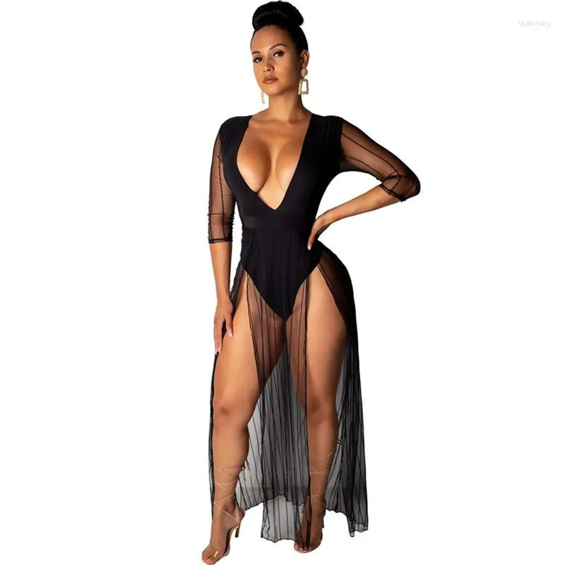 Robes décontractées Sexy See-Through Sheer Mesh Maxi Dress Femmes Deep V-cou Stretchy High Split Floor-length Soirée Long Club Wear