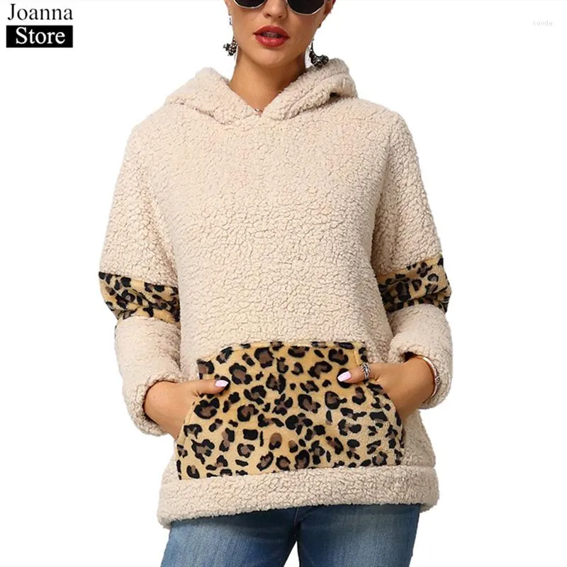 Felpe con cappuccio da donna Felpa corta con giuntura leopardata primavera Felpa con cappuccio da donna manica lunga tasca peluche Teddy Pullover inverno nero Plus Size Felpe larghe