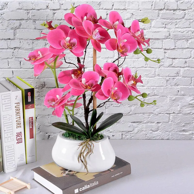 Decorative Flowers 9 Heads Orchid Ceramic Basin Artificial Flower Phalaenopsis Potted Wedding Silk Feel Glue Home Decor Indoor