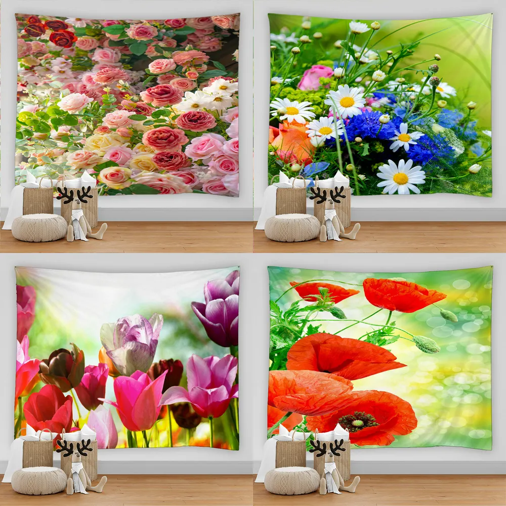 Camess Renkli Çiçekler Güzel çiçek duvar asılı çiçek goblen kumaş duvar kağıdı ev dekor polyester masa örtüsü150x200cm 230620