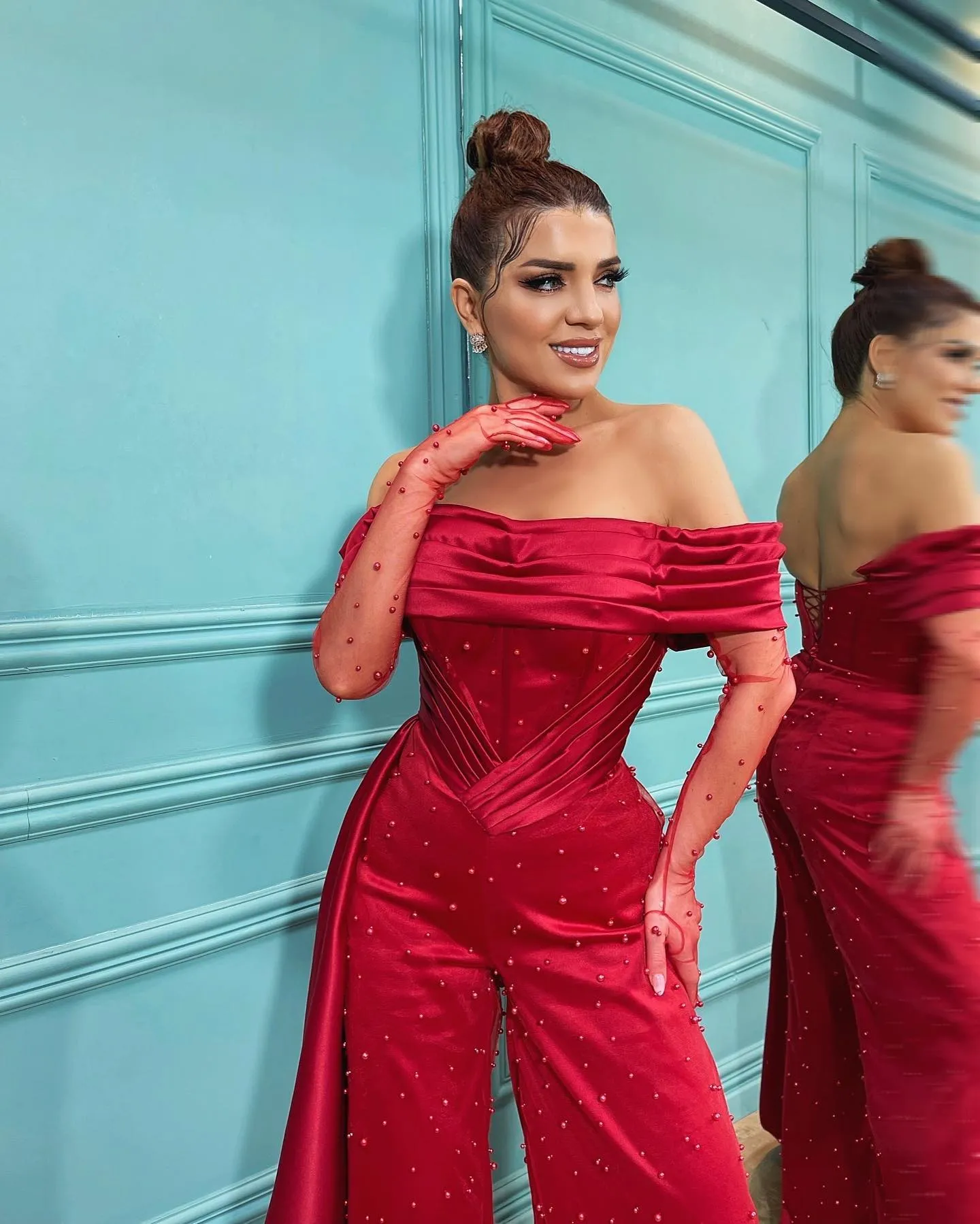 Sexy Red Jumpsuit Prom Dresses Off Shoulder Pearls Jumpsuits