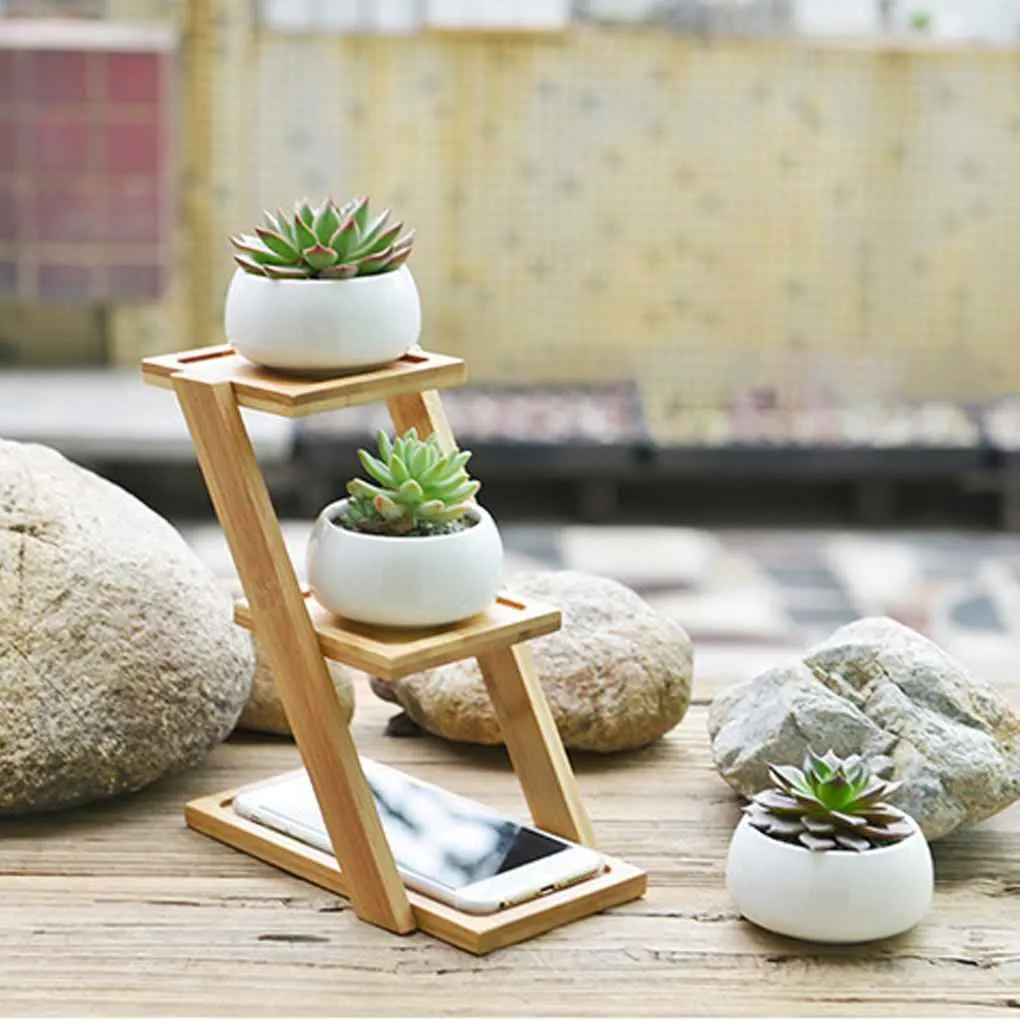 Small Round White Ceramic Succulent Planter With Bamboo Tray For Room ...