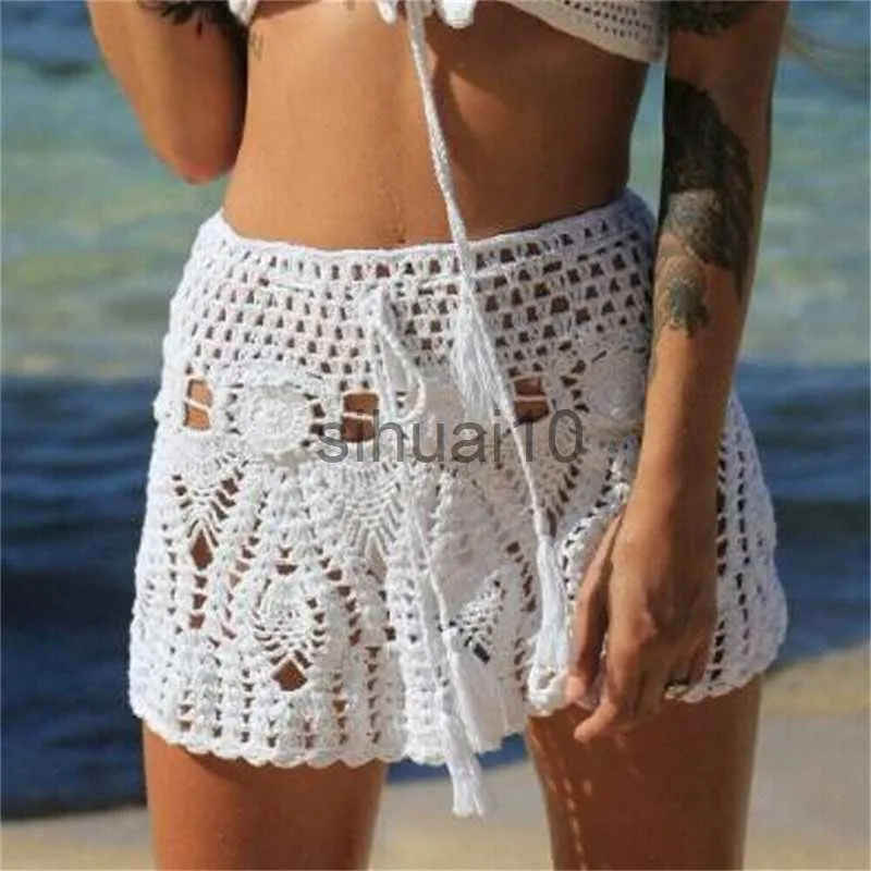 Röcke Candy Farbe Handgemachte Baumwolle Gestrickte Häkeln Mini Röcke Frauen Sommer Aushöhlen Hohe Taille Strand Rock Weiß Böden 2020 J230621