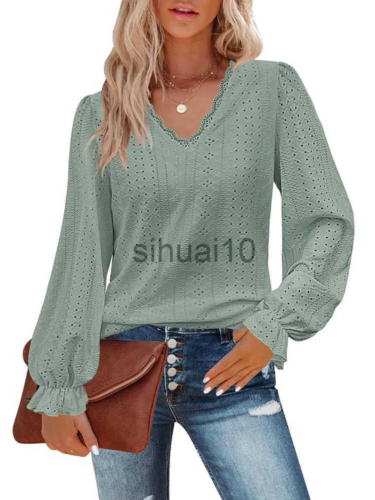 Chemisiers pour femmes Chemises Casual Dentelle Col en V À Volants À Manches Longues Blouse Femmes 2023 Printemps Habillé Élégant Lâche Évider Chemises Tee Top Tunique T-shirts J230621