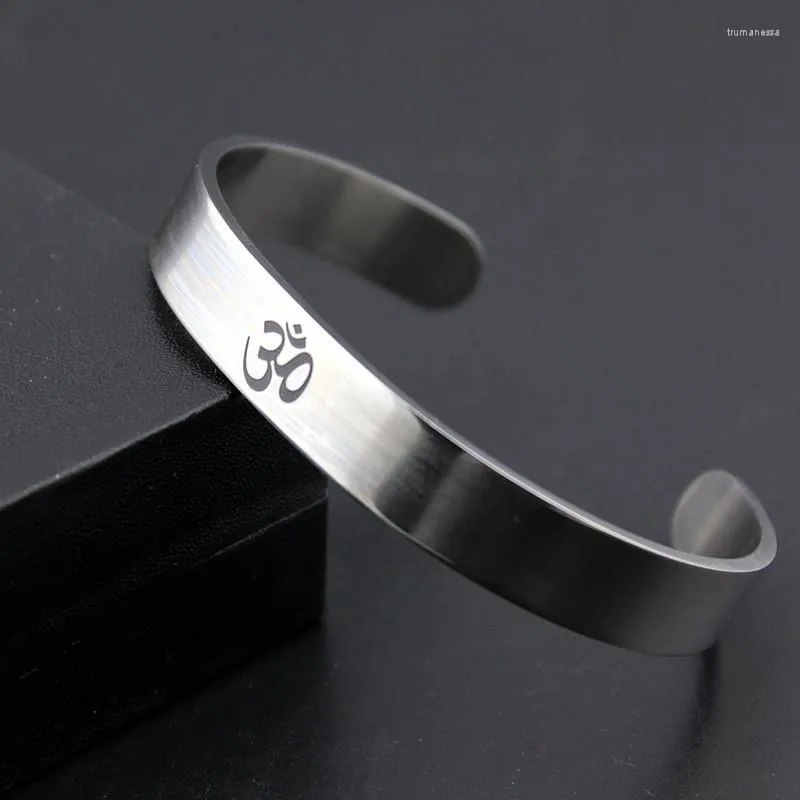 Armreif Edelstahl OM Yoga Manschette für Männer Frauen Silber Farbe Hindu Buddhist Hinduismus Indien Offenes Armband Punk Schmuck Raym22