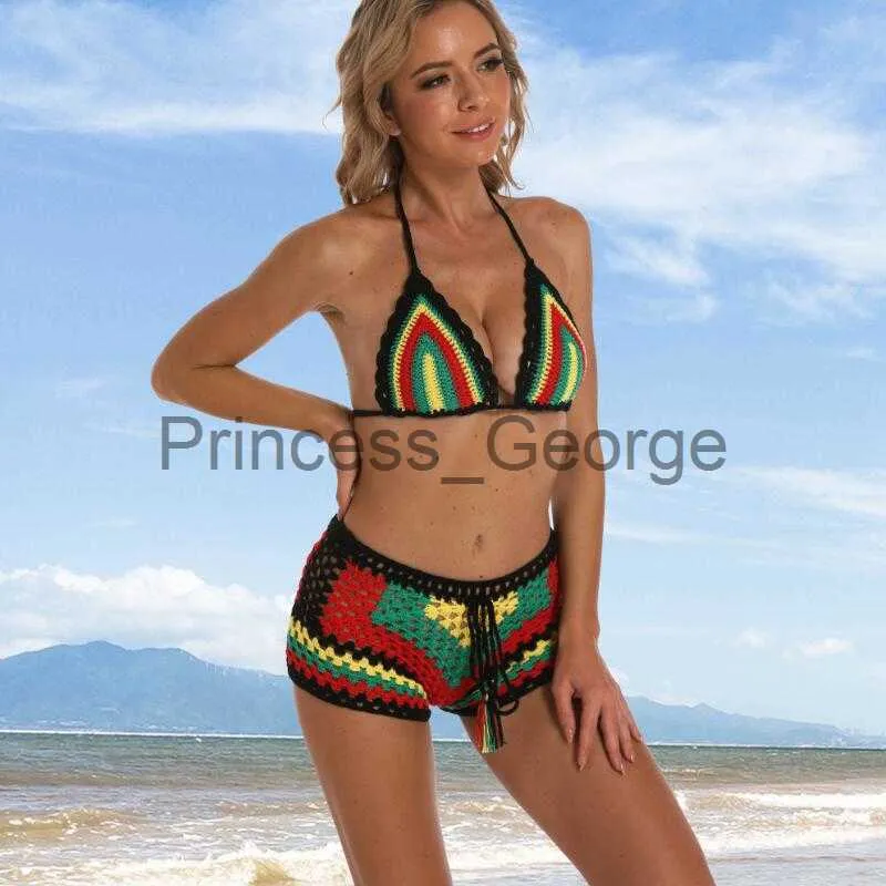 Kadın Artı Boyutu Mayo El Yapımı Tığ Bikini Set Püskül Şort Kadın Mayo Rasta Renkli x0621