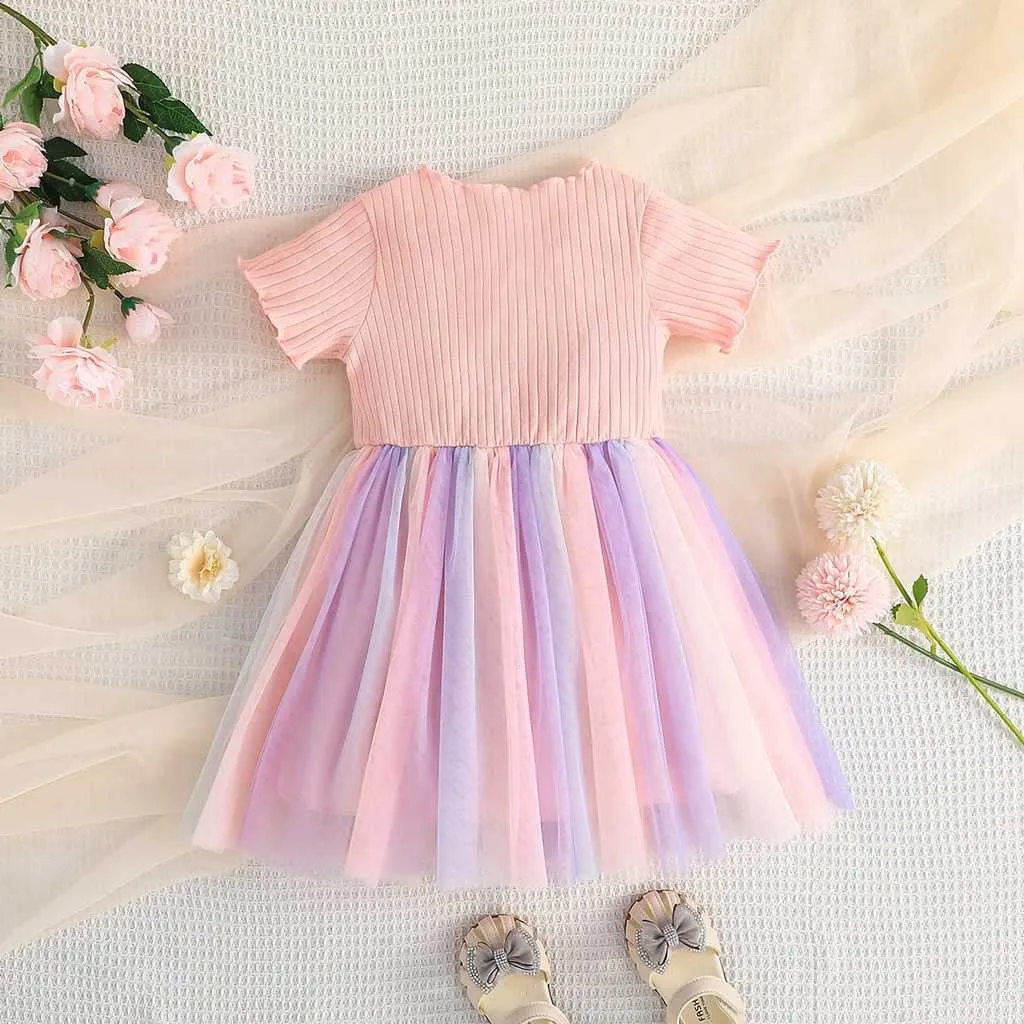 Girl's Dresses Dress For Kids 1-6 Years old Birthday Fashion Short Sleeve Cute Rainbow Tulle Princess Formal Dresses Ootd For Baby Girl AA230531