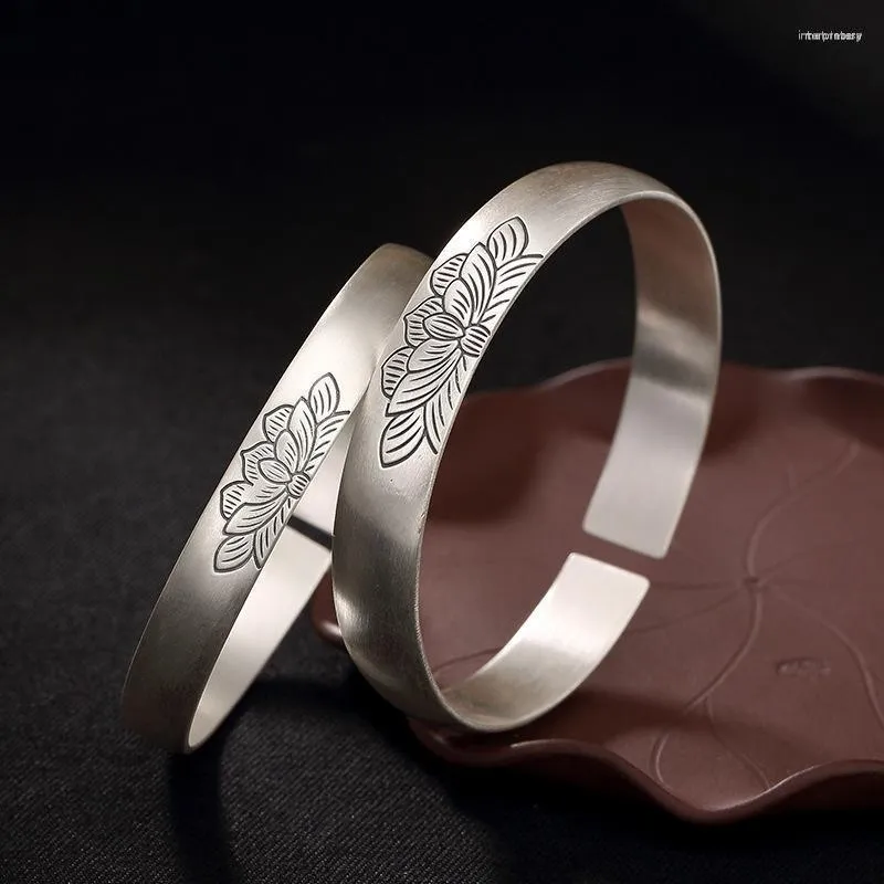 Armreif Retro Open Lotus Armband Damen Einfache Matte Ethnische Wind Schriftzug Ornament Armbänder Für Frauen Mann