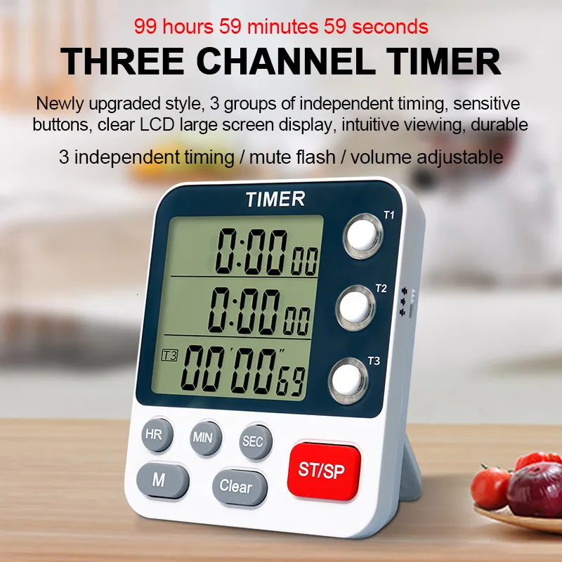 Timers 3 Channels Kitchen Timer 100 Hours Countdown Timer For Shower Study Stopwatch 3-Alarms Reminder Clock with BracketMagnetHole 230620