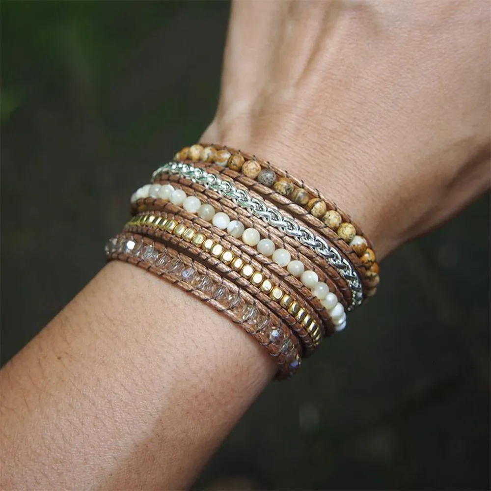 Bangle Boho 5 Обертывание ручной работы натуральное изображение J-Asper Shell Beads Beads Che Chain Prist Записывается уникальный винтажный браслет 230620