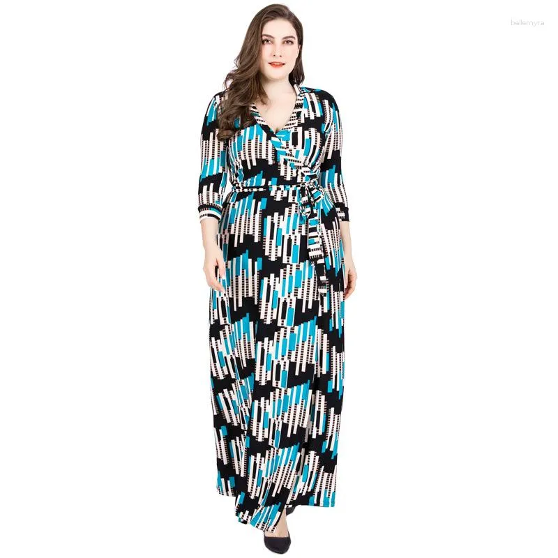 Etnische Kleding Losse Moslim Avondjurken Grote Maat Islamitische Voor Vrouwen V-hals Cropped Mouwen Print Lange Jurk Tailleband Kaftan Abaya