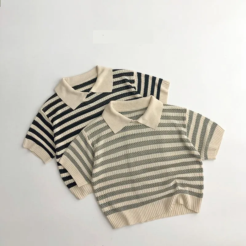 Polos Summer Kids Short Terts Tirts Cotton Kids Lapel Knit Polo Shirt Boys Girls Vintage Striped T Chirts 230620