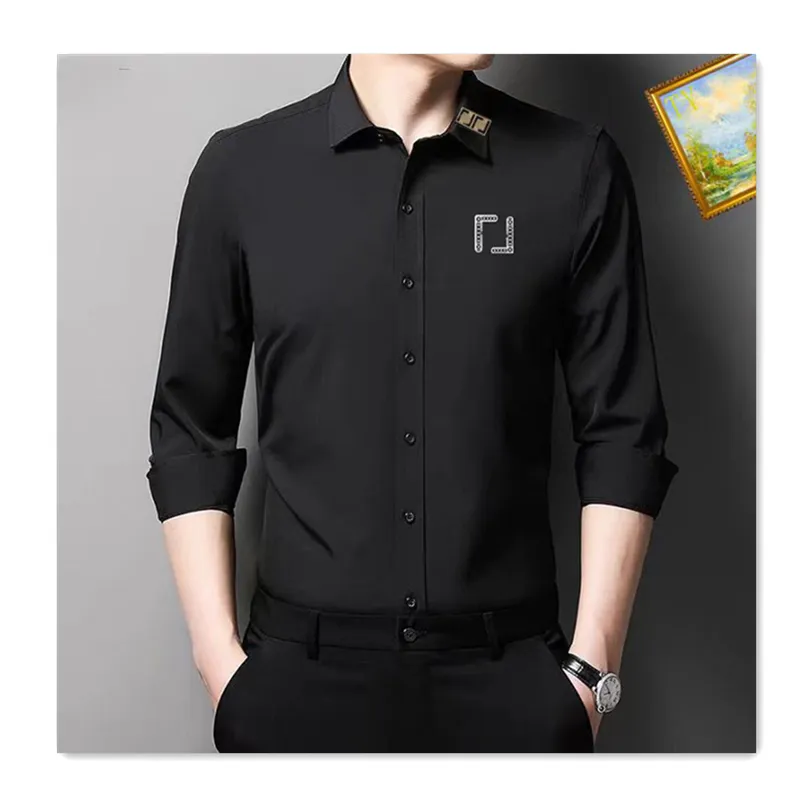 Classic mens casual shirts designer shirts fashion long sleeved lapel double letter solid color men business office commuting versatile polo tee men clothing