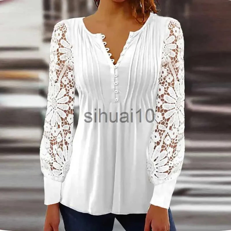 Womens Blouses Shirts 2023 Casual Spring Summer Women Shirt Vintage Button v Neck Embroidery Hollow Out Flower Lace Long Sleeve Blouse Tops Pullover J230621