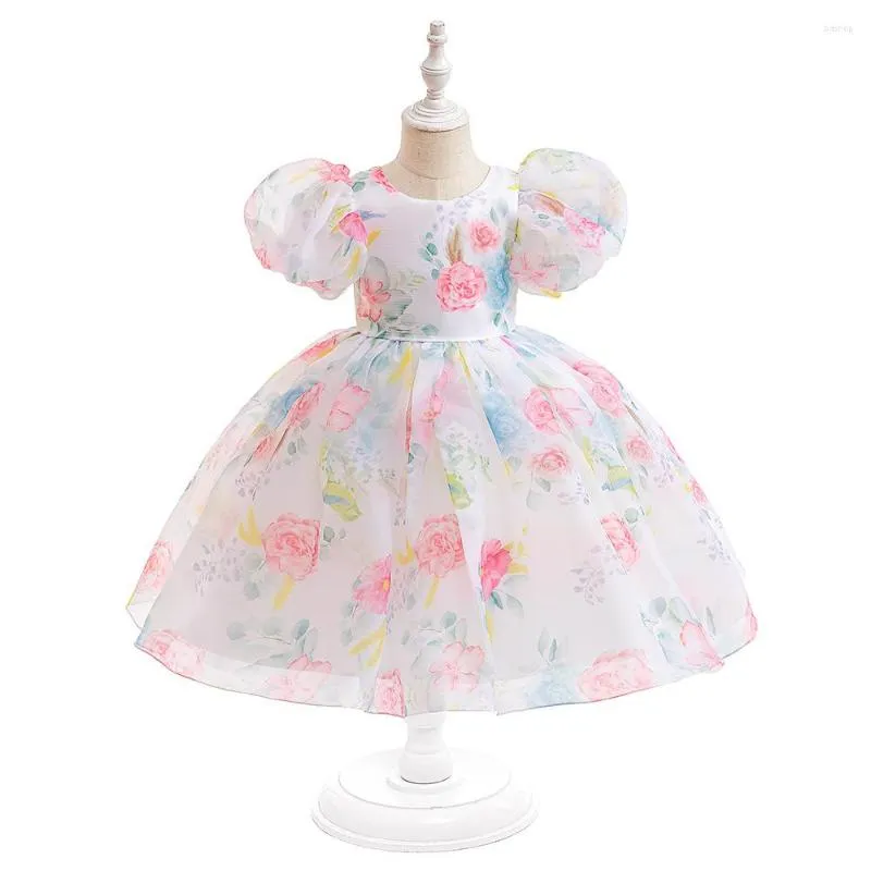 Girl Dresses FOCUSNORM 3-8Y Toddler Kids Princess Dress Short Puff Sleeve Floral Print Mesh Lace High Waist Tutu