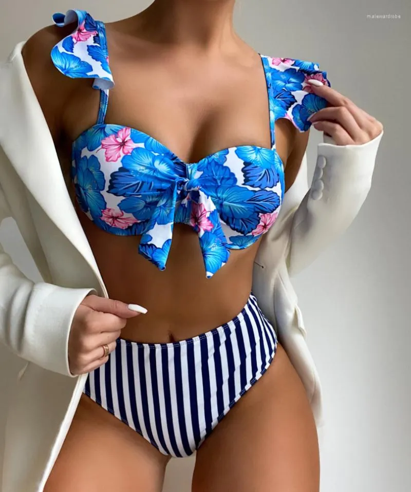 Swimwear 2023 Striped Women's Swimsuit Printed Split Sexy Bikini Set