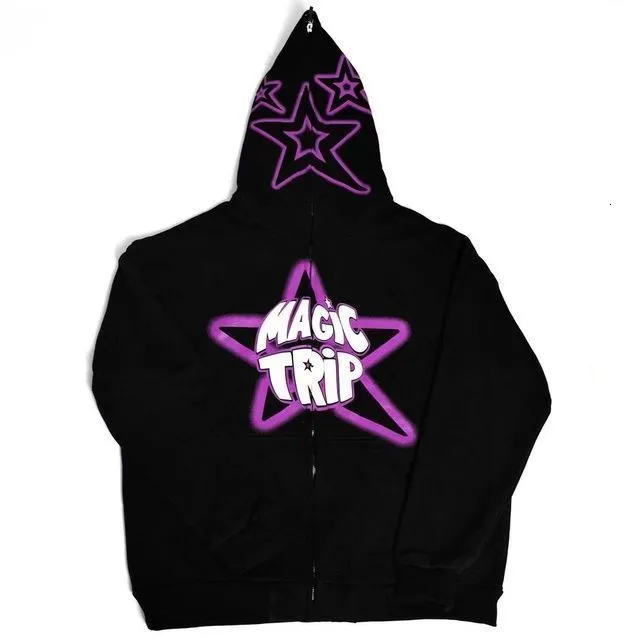 Mens Hoodies Sweatshirts Purple trend ins style letter star graphic cute casual hoodie couple matching long sleeved Korean version loose zippered top 230620