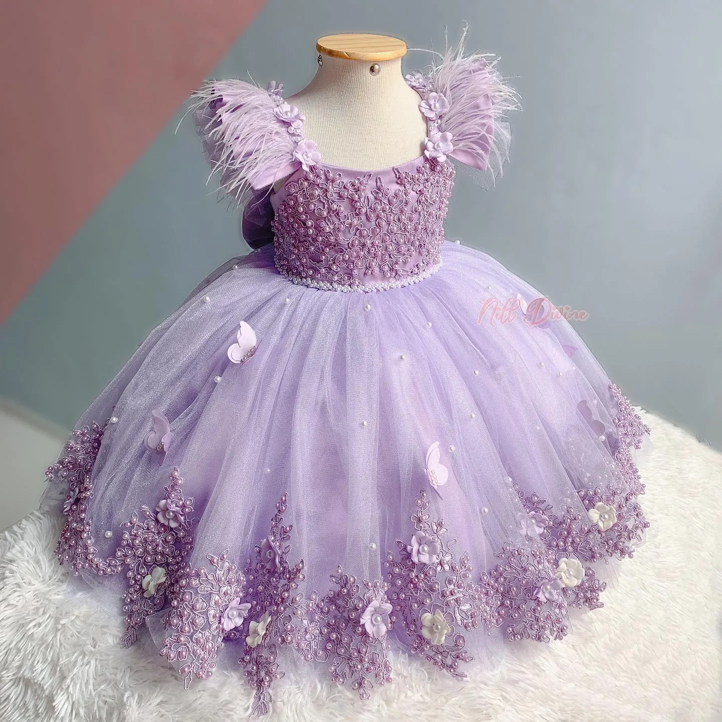 Light Purple Flower Girls Dresses For Weddings Floral Feather Birthday Children Bow Back Dress Girl Pageant Gowns