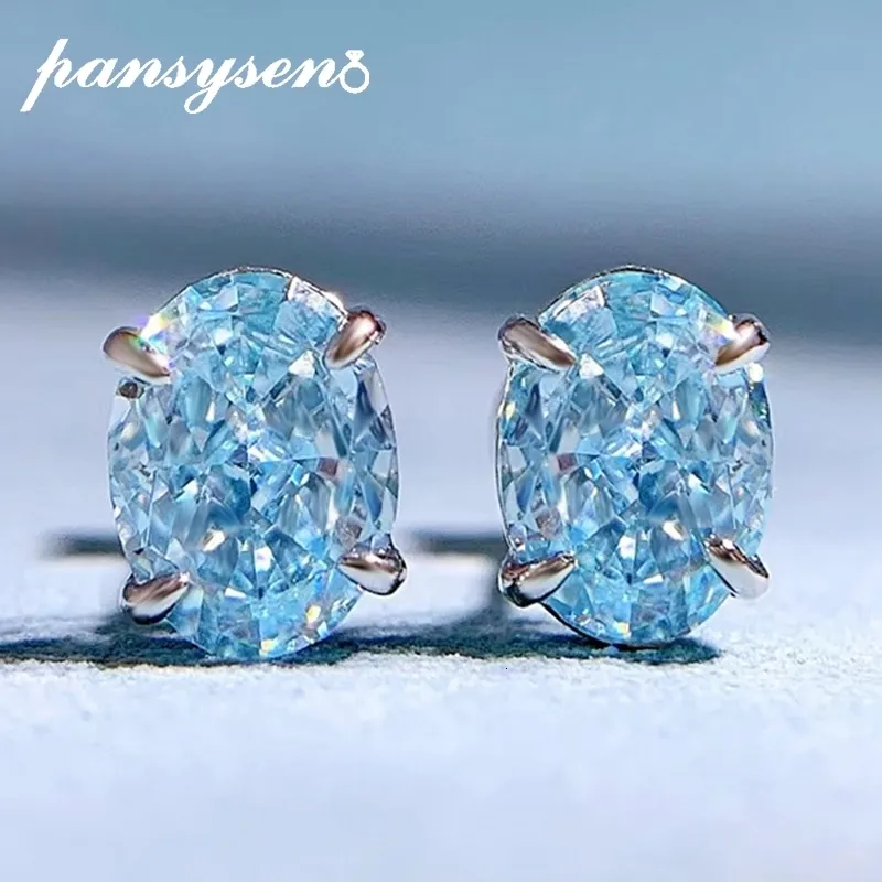 Stud PANSYSEN Arrival Pure Silver 925 Jewelry 6*8mm Oval Cut Aquamarine High Carbon Diamond Gemstone Ear Stud Brincos Party Gift 230620