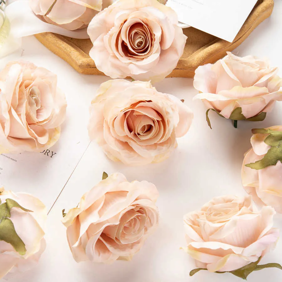 Flores secas 100 pçs 9cm parede artificial para scrapbook natal decoração para casa grinaldas jardim de casamento diy caixa de doces rosas brancas de seda