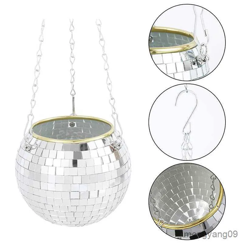 Planters Pots 15/20cm Disco Ball Flower Pot Planters Hanging Plants Pot With Chain Indoor Flower Pots Tray For Wall Decoration Garden Home R230621