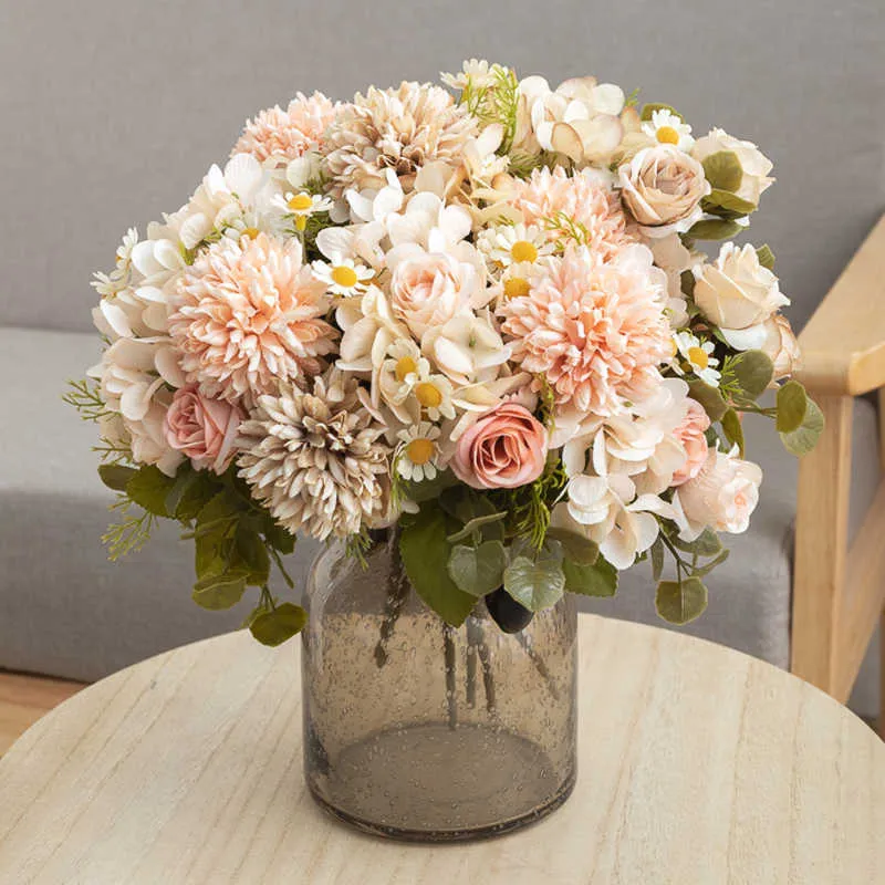 Dried Flowers Silk Artificial Flower Ball Sunflower Wedding Rose Bouquet Arrangement Table Home Party Background Decoration