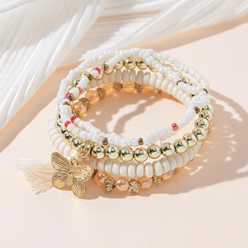 Charm Bracelets Fashion Crystal Tassel Multilayer Frisado Bracelet Para Mulheres Borboleta Temperamento Simples Elástico Atacado