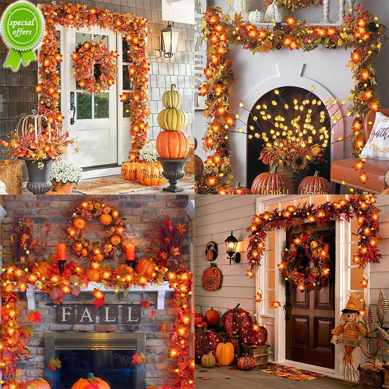 New Artificial Autumn Maple Leaves Pumpkin Garland Led Fairy Lights per la festa di Natale del Ringraziamento Decorazione fai da te Puntelli di Halloween