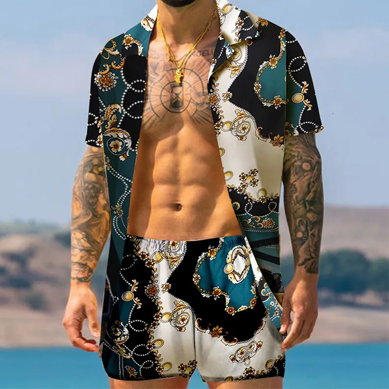 Men's Tracksuits Men Hawaiian Desenta Imprimir verão Shorts de camisa de manga curta Duas paradas casuais de férias casuais