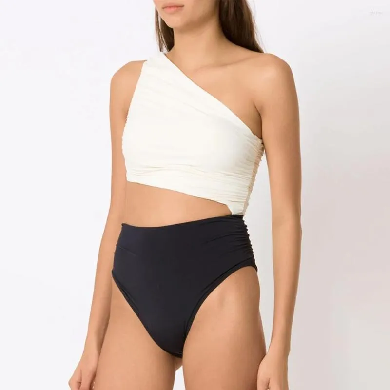 Roupa de banho feminina preto branco cor bloco um ombro uma peça maiô moda oca biquínis feminino maiô moda praia fino