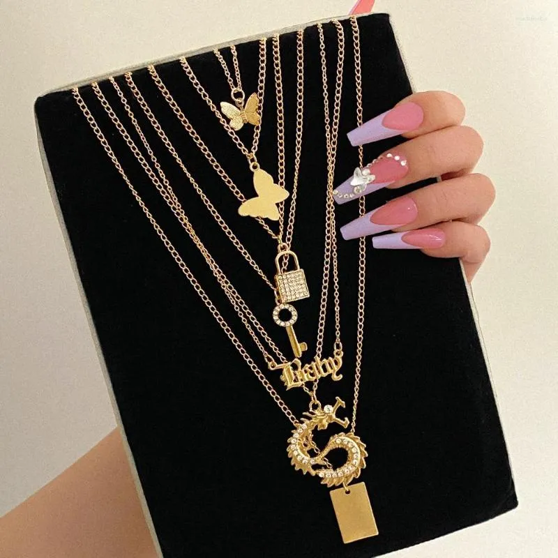 Chains IFME Bohemia Multi-layer Chain Necklace For Women Chinese Dragon Lock Key Butterfly Pendant 2023 Trend Jewelry Gift