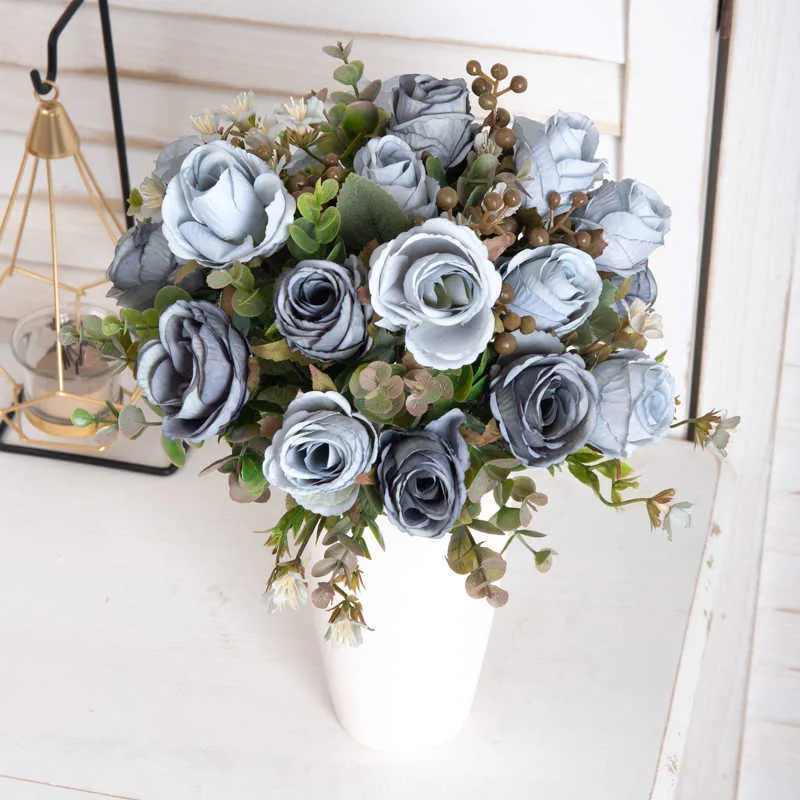 Dried Flowers Retro Coffee Artificial Silk White Rose Christmas Wedding Home Room Decoration Photo Prop Autumn Garden Fake Flower