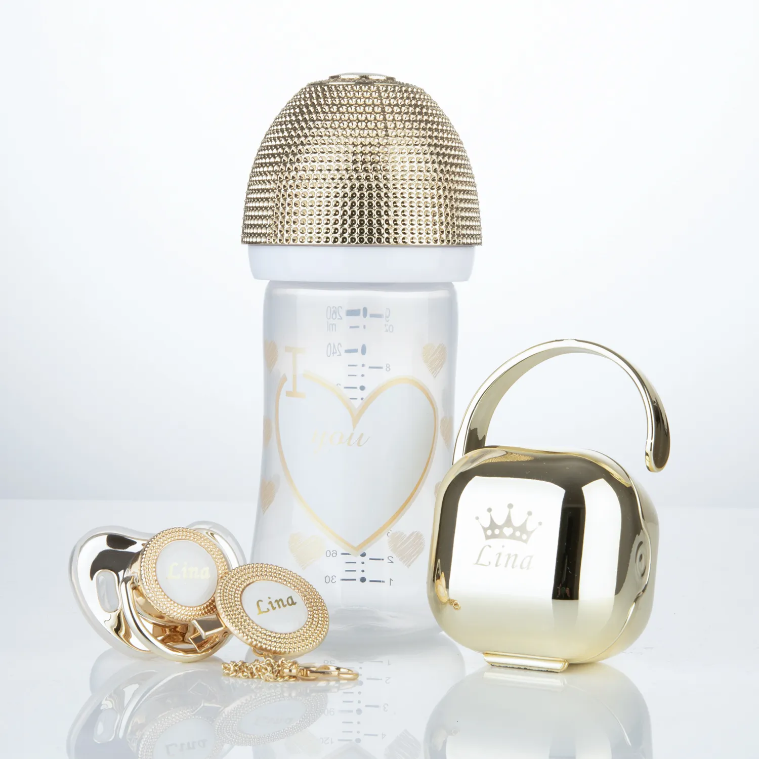 Jouets de dentition pour bébé Miyocar Gold 3pcs Set Sucettes personnalisées de luxe et bouteille avec nom pour garçon fille 06 mois douche 230621