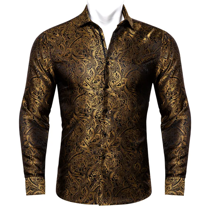 Camisas Masculinas Barry.Wang 4XL Luxo Ouro Paisley Seda Camisas Masculinas Manga Comprida Casual Flor Camisas Para Homens Designer Fit Camisas BY-0061 230620