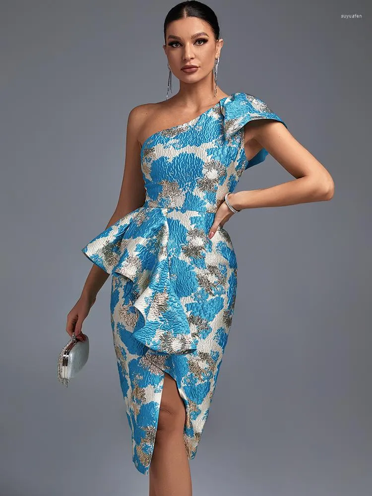 Robes décontractées Jacquard à volants robe de soirée femmes bleu moulante élégant Sexy Midi une épaule soirée Club tenues 2023 mode d'été