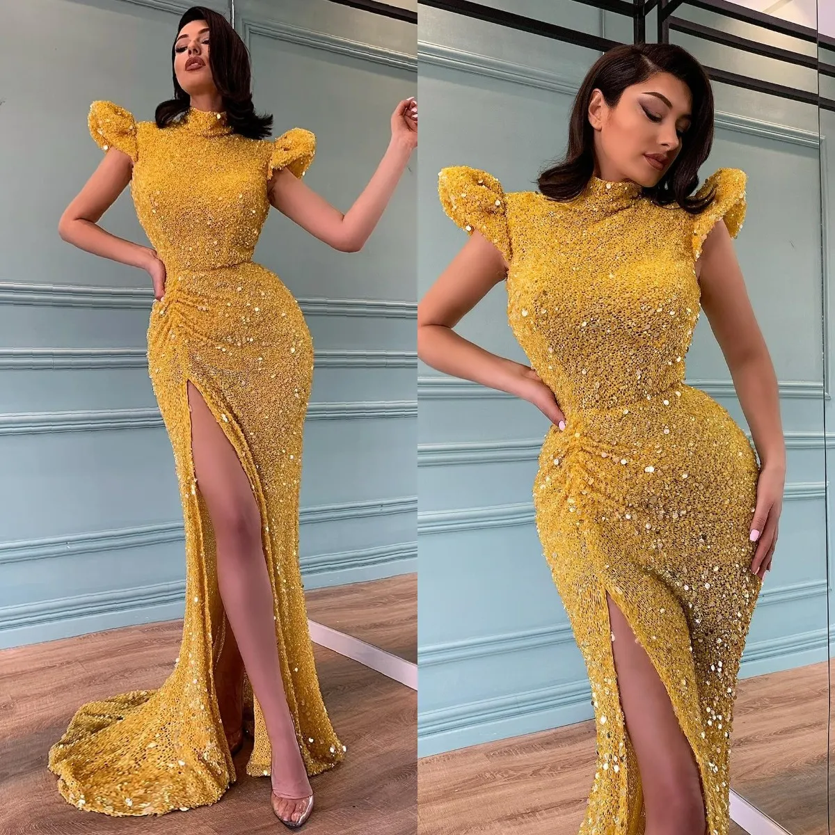 Sexy Jaune Robes De Bal Col Haut Cap Manches Paillettes Robes De Soirée Fente Plis Formelle Tapis Rouge Longue Robe Occasion Spéciale