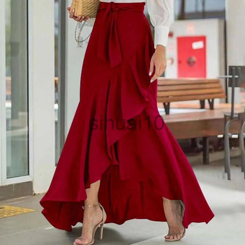 Skirts Women High Waist Maxi Skirt High Low Irregular Hem Self-tie Elastic Ruffle Long Skirt Ruffle Women Maxi Skirt Long J230621