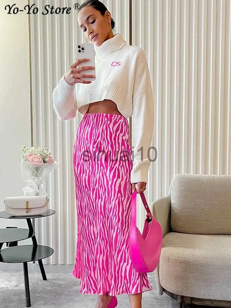 スカートファッションサテン縞模様のプリントスカート女性2023新しいピンクのAラインスカート女性春夏気質エレガントな女性スカートJ230621