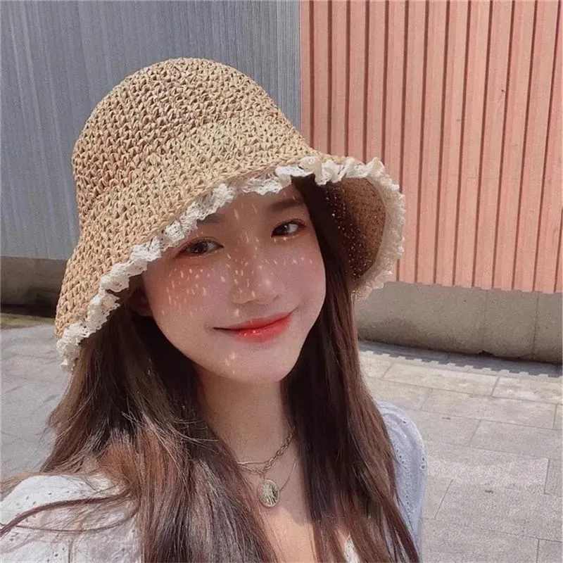 Wide Brim Hats Bucket Womens Summer Hat Foldable Hollow Lace Trim Straw Girls Outdoor Travel Casual Fashion Cool 230620