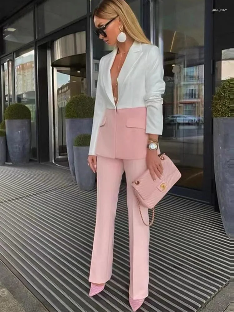 Womens Two Piece Pants Color Block Womens Pink Set Blazer And Pant