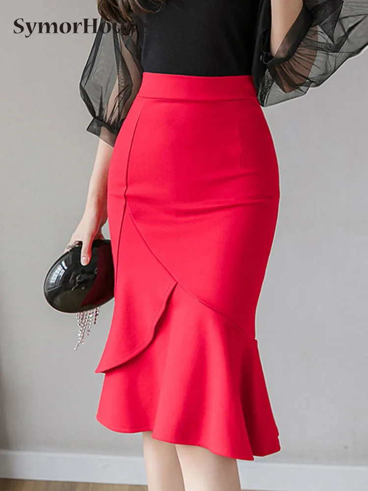 Mermaid Skirt Women Knee-Length Broadcloth Acrylic Ruffles High