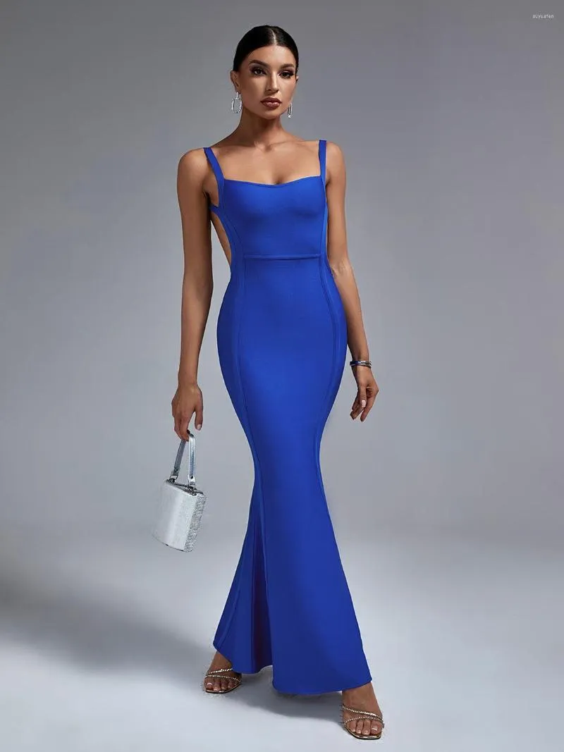 Casual Dresses Blue Bandage Dress Long Women Maxi Evening Party Bodycon Elegant Spaghetti Strap Sexy Backless Birthday Club Outfit Summer