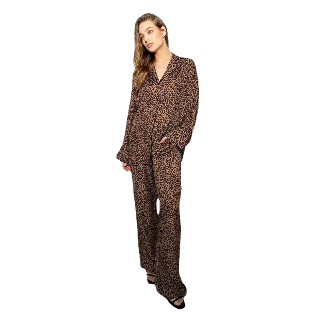 Toptan Baskı Pijamaları Uzun Avrupa ve Amerikan Günlük Moda Gevşek Giyim Leopar Baskı Bayanlar Pijama