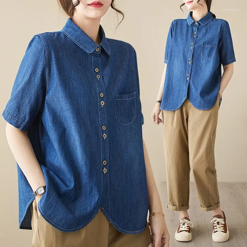 Kvinnors blusar 2023 Thin Cotton Denim Short Sleeve Shirt Women's Loose and Slim Lapel Singel Breated Mervatile Top Jeans Jaqueta Z1599