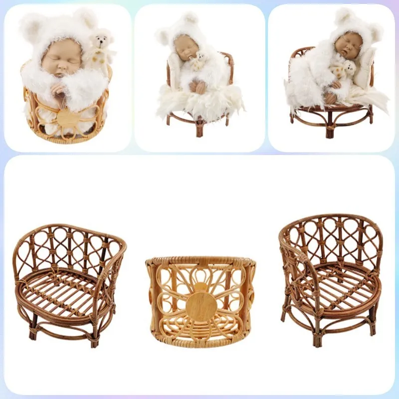 Recuerdos nacidos Pography Props Basket Retro Rattan Silla redonda Bebe Po Accesorios Recien Baby Girl Boy Regalo Posando Fondo de cama 230620