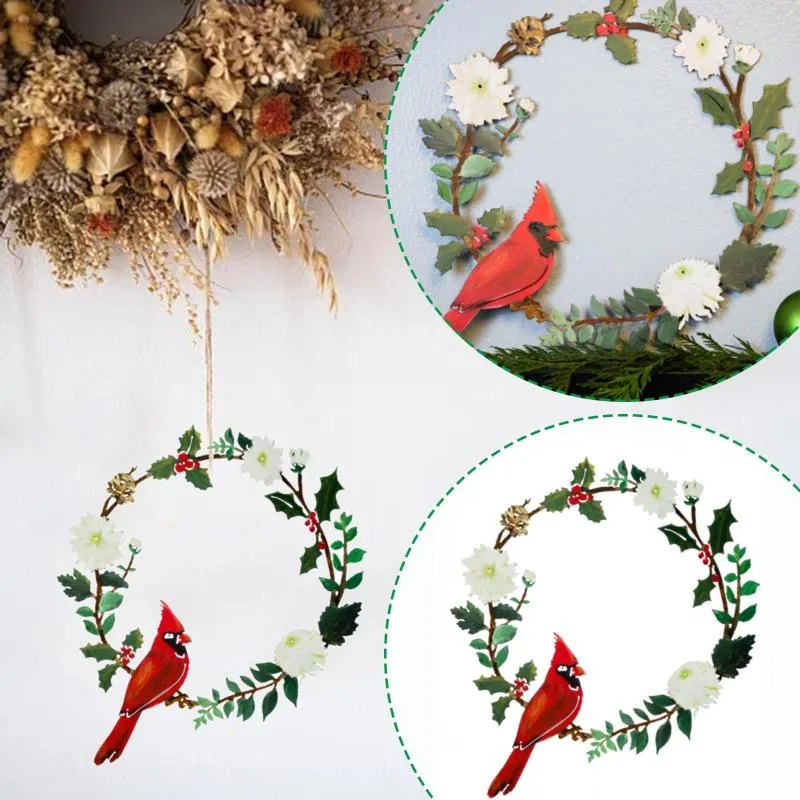 Flores decorativas pássaro vermelho guirlanda de ferro enfeite de metal rústico parede porta da frente decoração de mesa de cristal decorações para festa guirlanda de neve