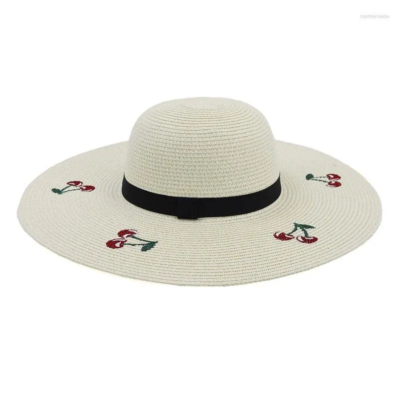 Chapéus de aba larga 400 PCs/pacote de verão Dobrável Large Sun Ladies com Bordado Cherry Womens Fluppy Straw Hat Holiday SunHat