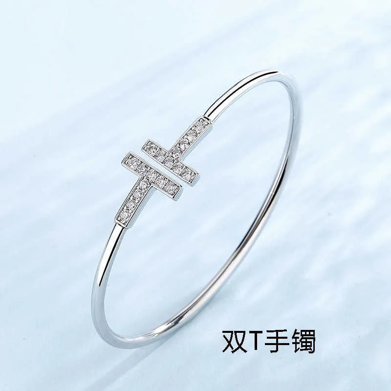 Bracelet double T plaqué argent TFF pour femmes, marque originale, incrusté de diamants, tempérament simple, ouvert, bijoux